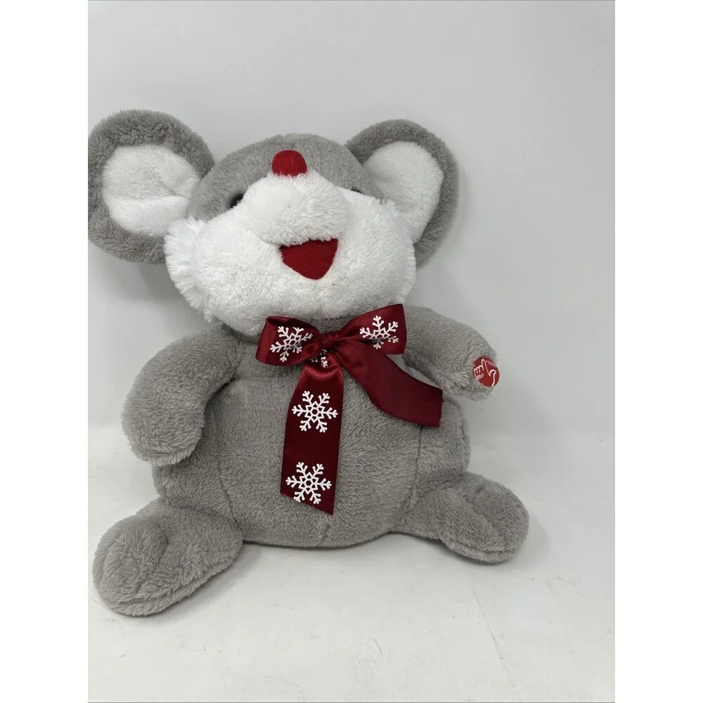 Dan Dee Plush 14” Gray Mouse Christmas w/ Red Nose Snowflake Scarf